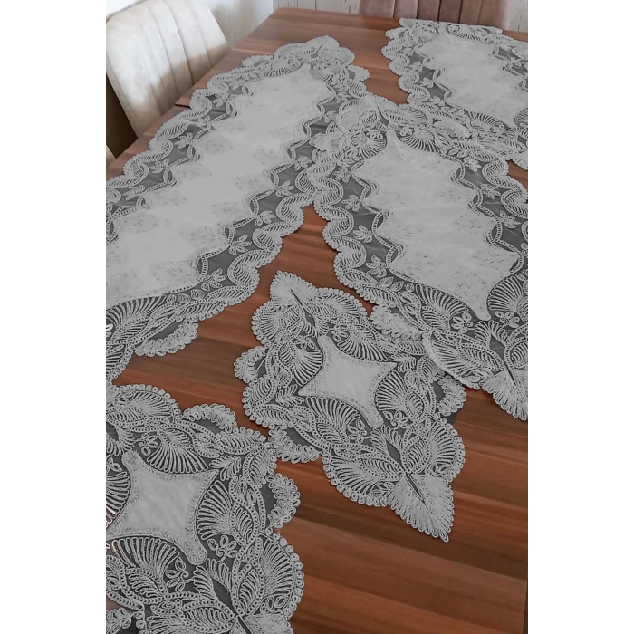 Salon Takımı 5 Parça Dantelli Masa Örtüsü Runner Seti - Gri