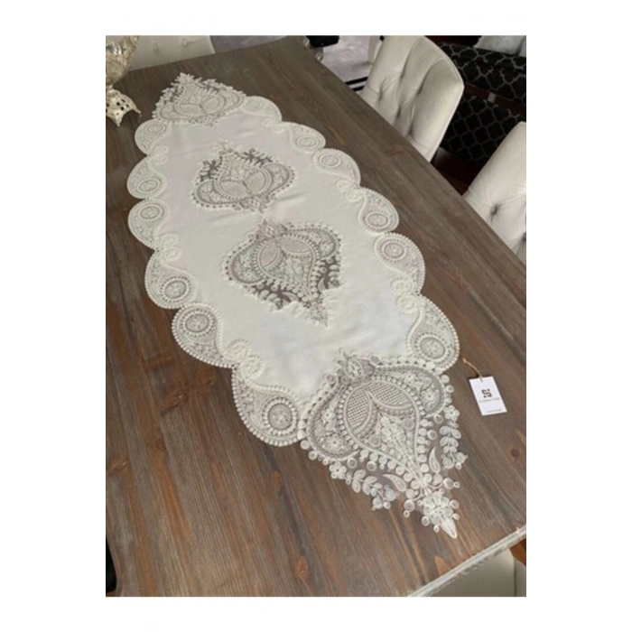 Salon Takımı 5 Parça Keten Dantelli Krem