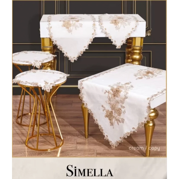 Salon Takımı 5 Parça Nakış İşlemeli Simella Model Krem-Kapi Masa Örtüsü Runner Seti