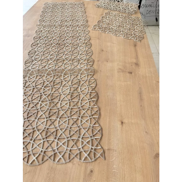 Salon Takımı Angles Çeyizlik Krem Kapi Runner Set 5 Parça İşlemeli Ranır Masa Sehpa Konsol Örtüsü
