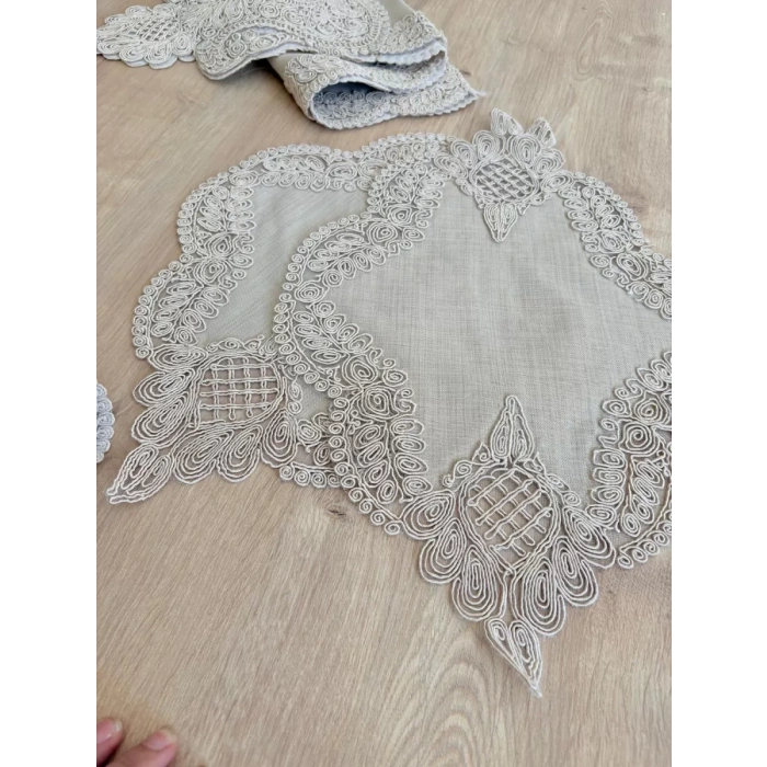 Salon Takımı Çeyizlik Krem Runner Set 5 Parça Keten Masa Örtüsü Runneri Gerdan