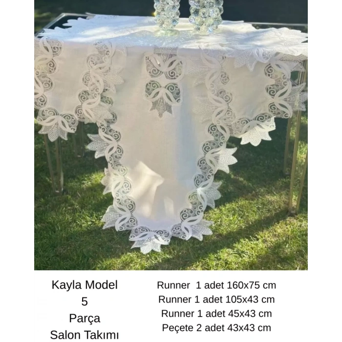 Salon Takımı Krem-Krem Kayla Model 5 Parça Keten Dantelli Runner Seti