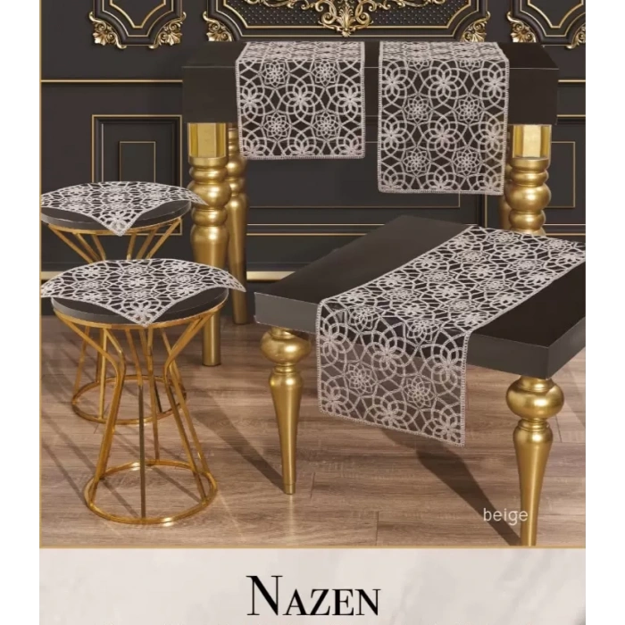 Salon Takımı Nazen Model Bej 5 Parça Tül İşlemeli Runner Seti