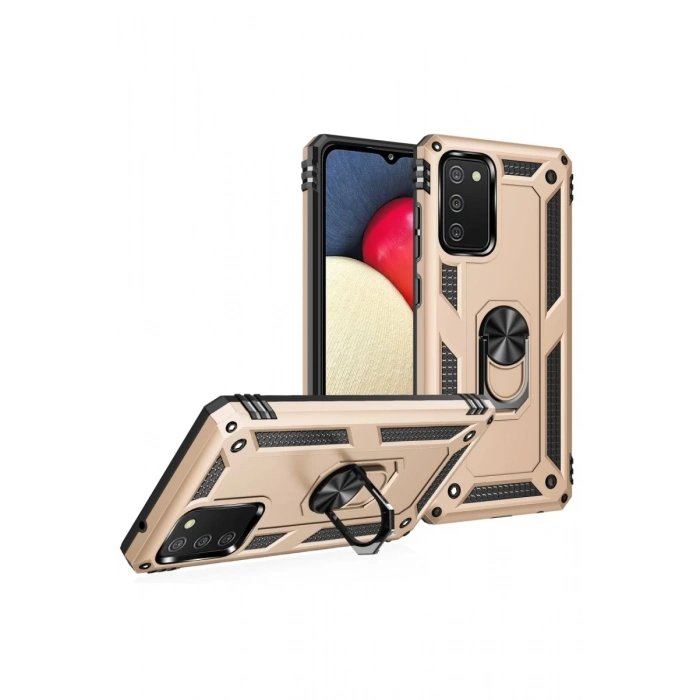 Samsung Galaxy A03S Uyumlu Kılıf Sofya Yüzüklü Silikon Kapak - Gold