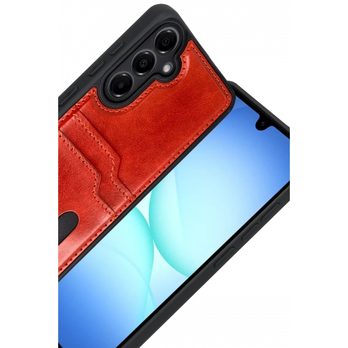 Samsung Galaxy A17 5G Uyumlu Sara Kartvizitli Deri Kılıf - Kırmızı