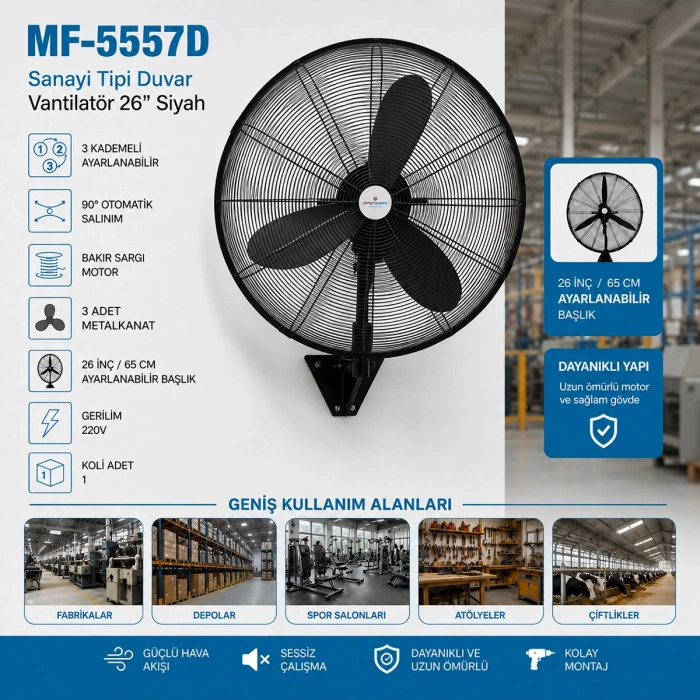Sanayi Tipi Duvar Vantilatörü 3 Kademeli Metal Pervane 220V