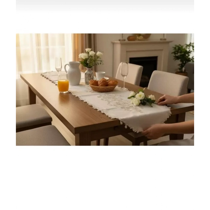 Simella Altın Simli 50x140 cm İşlemeli Masa Runneri Şık Masa Dekoru