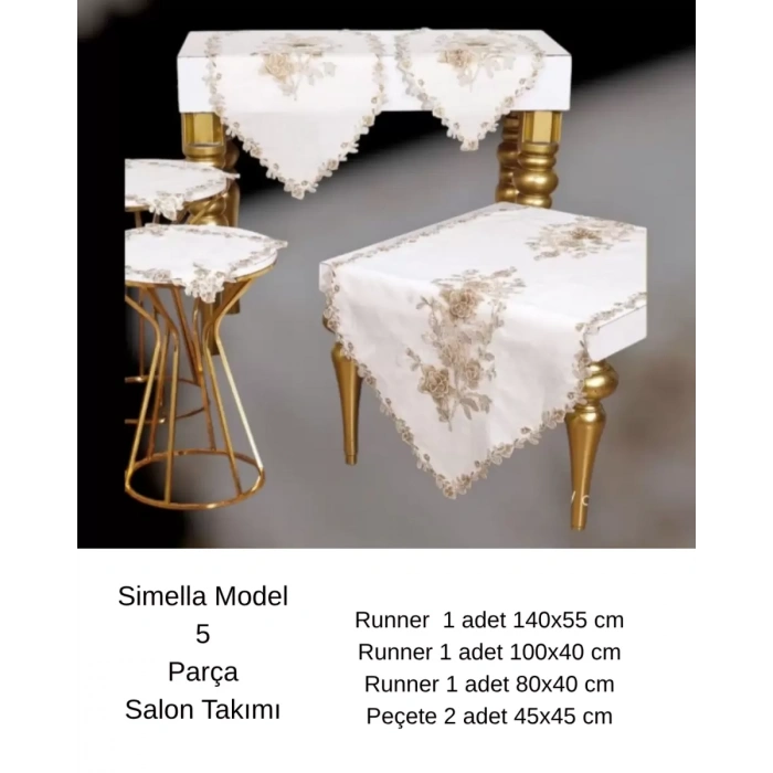 Simella Model Krem-Kapi Nakış İşlemeli 5 Parça Çeyizlik Masa Örtüsü Runner Seti Salon Takımı