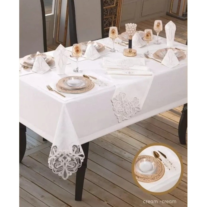 Taç Keten Krem-Krem 26 Parça 160 × 260 cm Supla Runner Sofra Masa Takımı