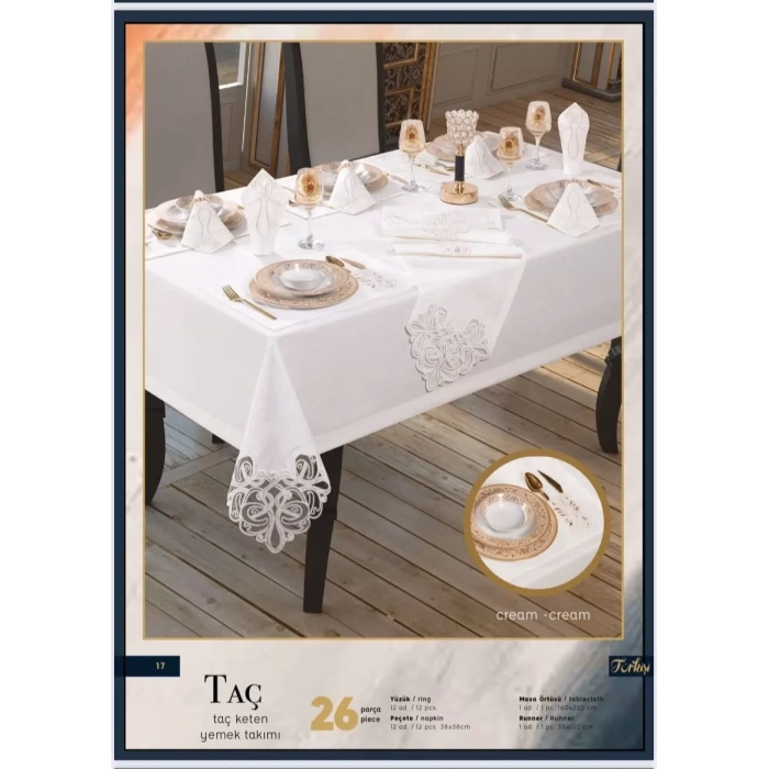 Taç Keten Krem-Krem 26 Parça 160 × 260 cm Supla Runner Sofra Masa Takımı