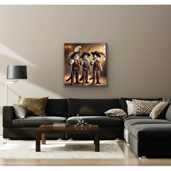 Üç Silahşör Kedi Kanvas Tablo 90x90cm