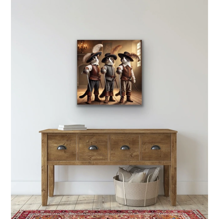Üç Silahşör Kedi Kanvas Tablo 90x90cm