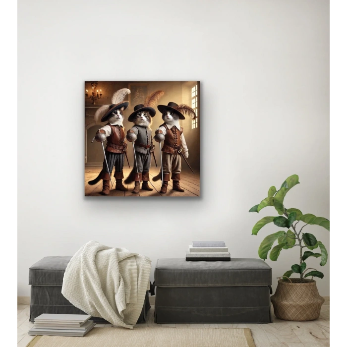 Üç Silahşör Kedi Kanvas Tablo 90x90cm
