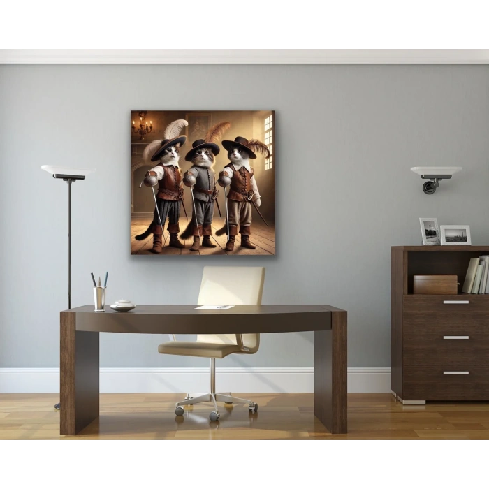 Üç Silahşör Kedi Kanvas Tablo 90x90cm