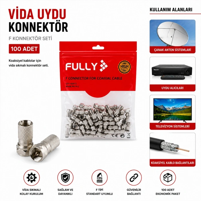 Uydu F Tipi Vidalı Konnektör 100lü