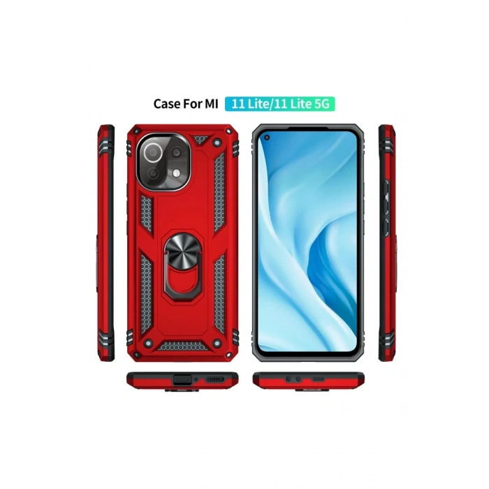 Xiaomi Mİ 11 Lite Uyumlu Kılıf Sofya Yüzüklü Silikon Kapak - Kırmızı
