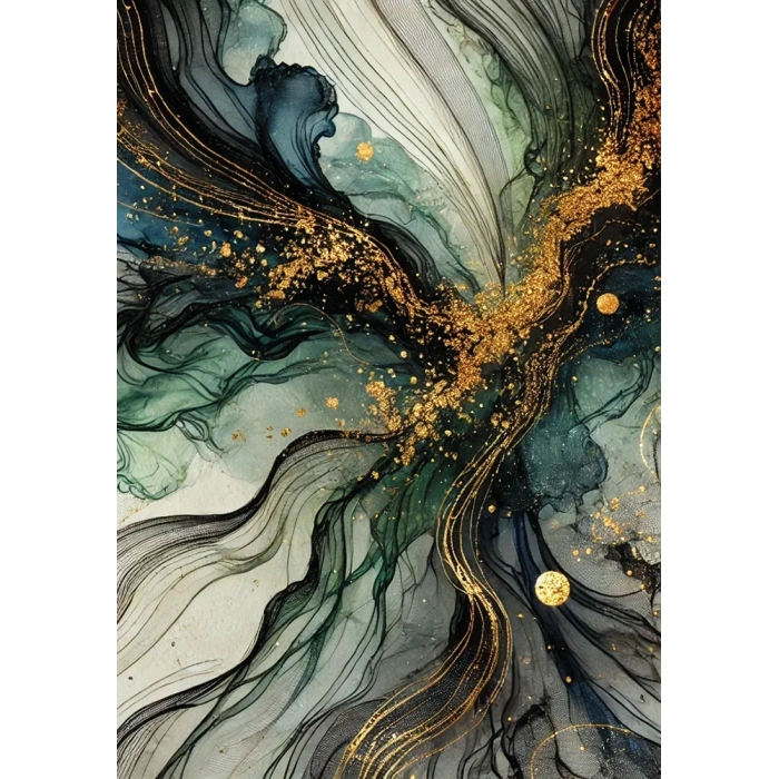Yeşil Mavi Gold Soyut Kanvas Tablo 70x100cm