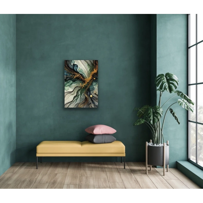 Yeşil Mavi Gold Soyut Kanvas Tablo 70x100cm