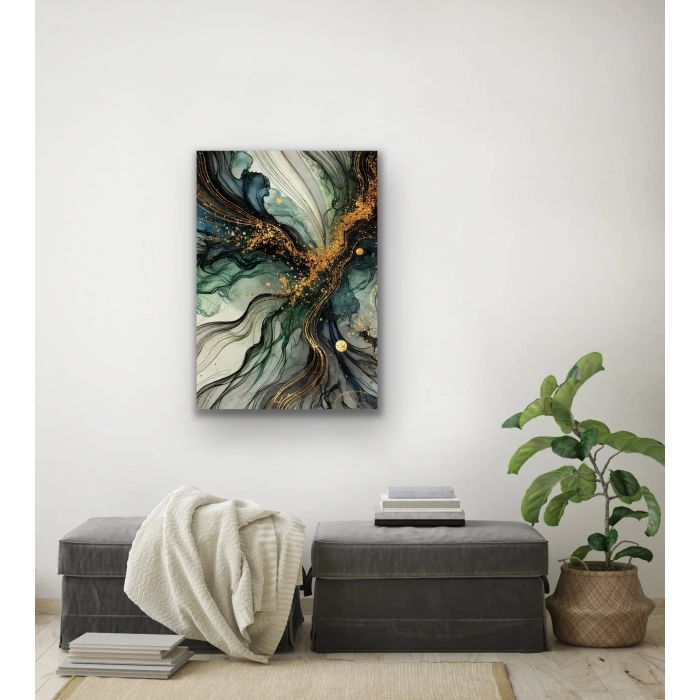 Yeşil Mavi Gold Soyut Kanvas Tablo 70x100cm