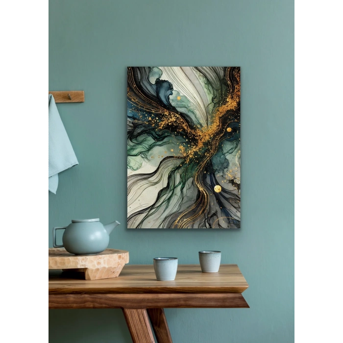 Yeşil Mavi Gold Soyut Kanvas Tablo 70x100cm