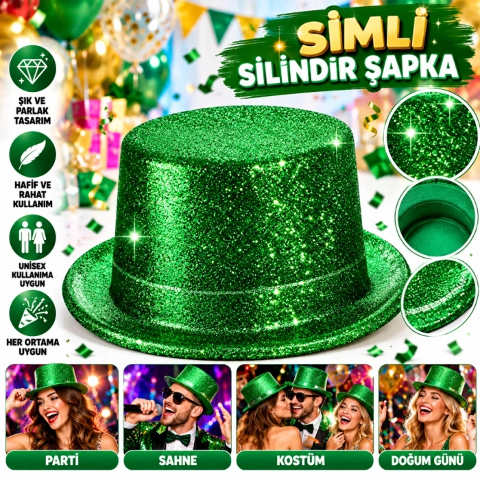 Yeşil Simli Glitter Silindir Parti Şapkası