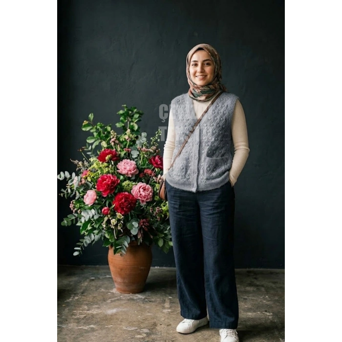 Yumoş Ponpon Düğmeli Yelek - Gri