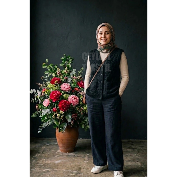 Yumoş Ponpon Düğmeli Yelek - Siyah