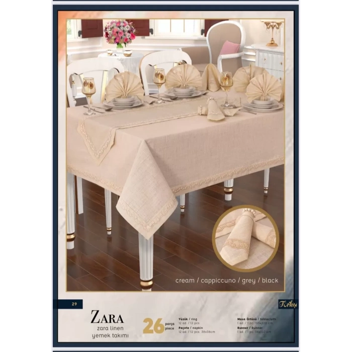 Zara Linen 12 Kişilik 26 Parça 155 × 220 cm Premium Sofra Takımı
