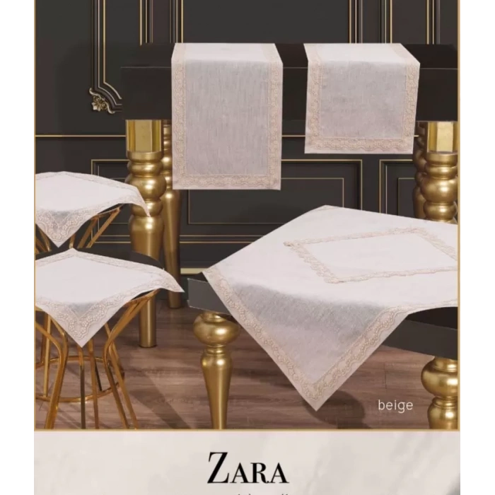 Zara Model Bej Çeyizlik Dantelli Keten Masa Örtüsü Runner Seti 5 Parça