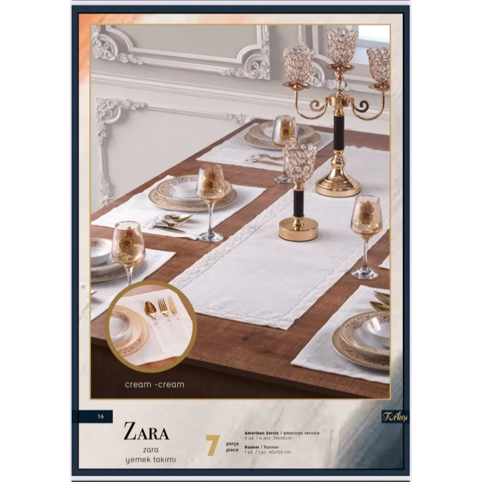 Zara Supla Takımı Masa Seti 6 Kişilik 7 Parça Supla Runner Set Krem-Krem