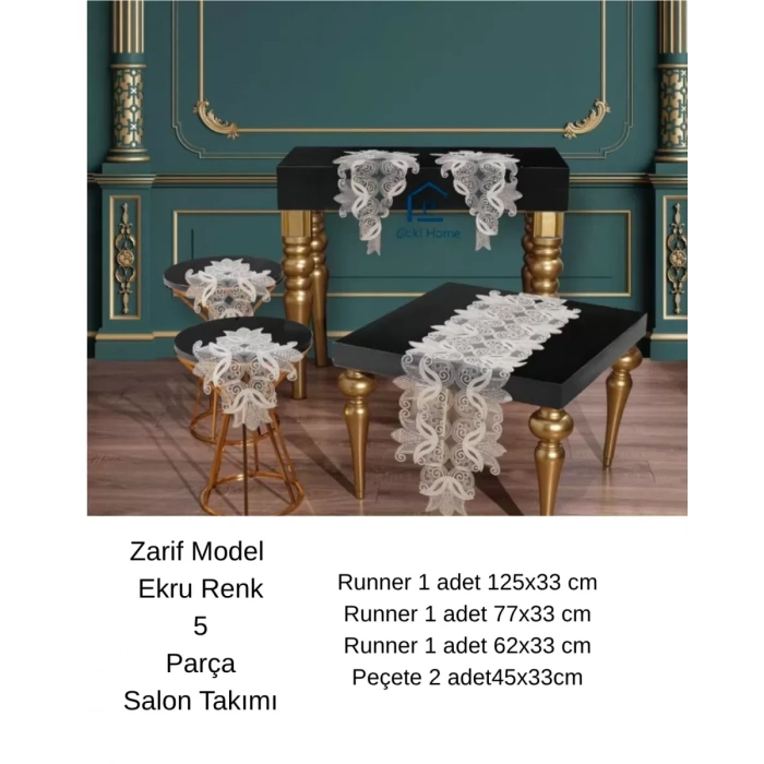 Zarif Model Krem Dantelli Masa Örtüsü Runner Seti Çeyizlik Salon Takımı 5 Parça