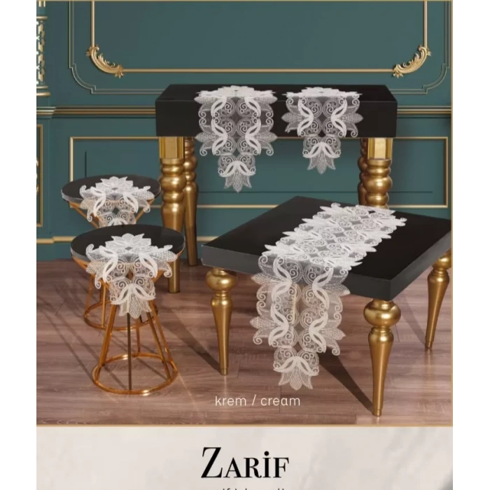 Zarif Model Krem Dantelli Masa Örtüsü Runner Seti Çeyizlik Salon Takımı 5 Parça