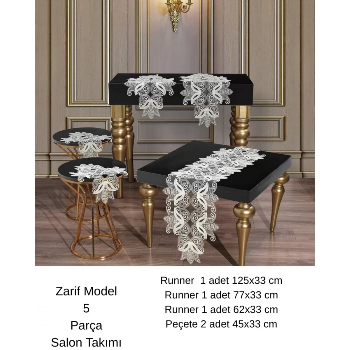 Zarif Model Simli Oksit Renk Çeyizlik Dantelli Masa Örtüsü Runner Seti 5 Parça