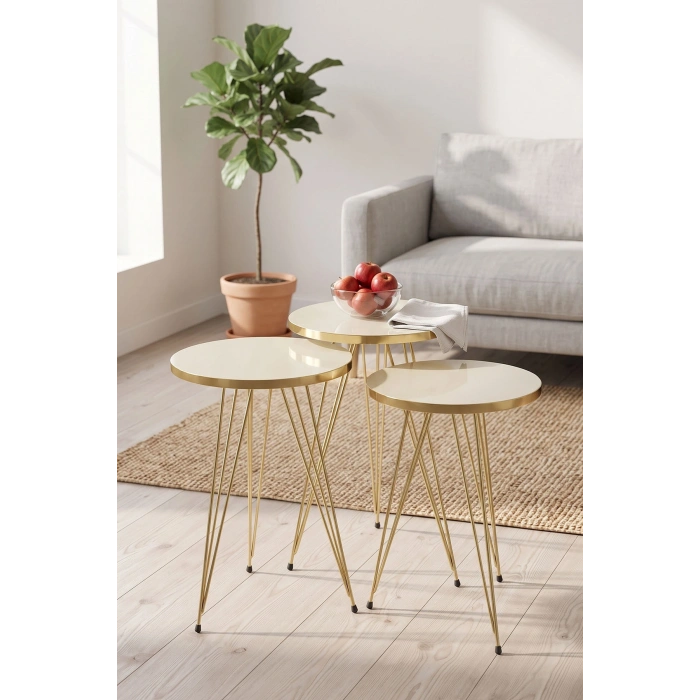 Zigon Sehpa Ve Orta Sehpa Elips Set Gold Krem Tel