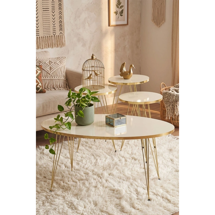 Zigon Sehpa Ve Orta Sehpa Elips Set Gold Krem Tel