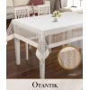 160x260 cm Otantik Model Krem Keten İşlemeli Dantelli Masa Örtüsü Modern Tasarım