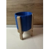 3D Baskı Ayaklı Çizgili Saksı - Bej Standlı Dekoratif Saksı - Mavi