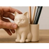 3D Baskı Kedi Figürlü Kalemlik - Masaüstü Organizer - Bej