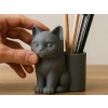3D Baskı Kedi Figürlü Kalemlik - Masaüstü Organizer - Gri