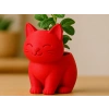 3D Baskı Sevimli Kedi Saksı - Figürlü Sukulent Saksısı-Kırmızı