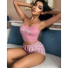 Kadın pembe çizgili desen Askılı Şortlu Pijama Takım 5002