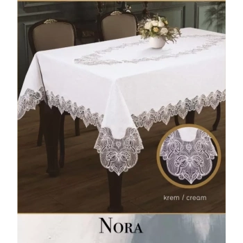 155x260 cm Nora Model Krem-Krem Keten Tablecloth Şık Ev Dekoru