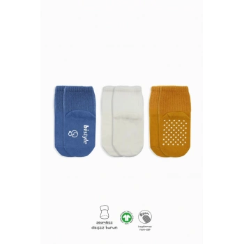 3Lü Basic Kaymaz Penye Soket Çorap 10107 İndigo Ekru Hardal