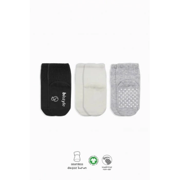 3Lü Basic Kaymaz Penye Soket Çorap 10107 Siyah Ekru Gri