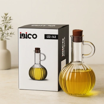 300 ml Mini Cam Yağdanlık - Çizgili Desen, Bambu Mantar Tıpalı