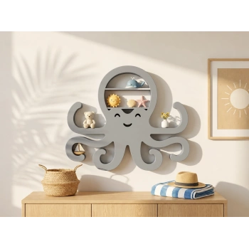 3D Baskı Ahtapot Duvar Rafı - Dekoratif Mini Raf-Gri