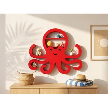 3D Baskı Ahtapot Duvar Rafı - Dekoratif Mini Raf-Kırmızı
