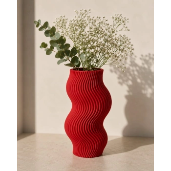 3D Baskı Dalgalı Dekoratif Vazo - Modern Masaüstü ve Ev Dekorasyon Objesi-Kırmızı