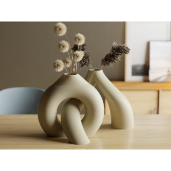 3D Baskı Interlocking Vazo - İç İçe Geçen Dekoratif Vazo-Bej