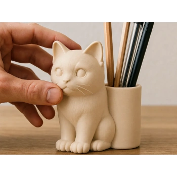 3D Baskı Kedi Figürlü Kalemlik - Masaüstü Organizer - Bej